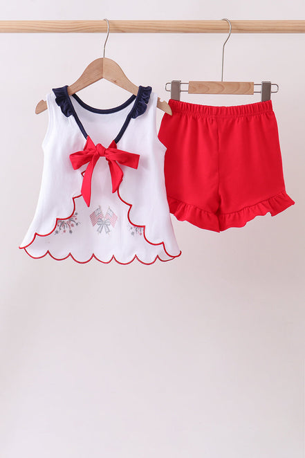 Red flag fireworks embroidery ruffle shorts set