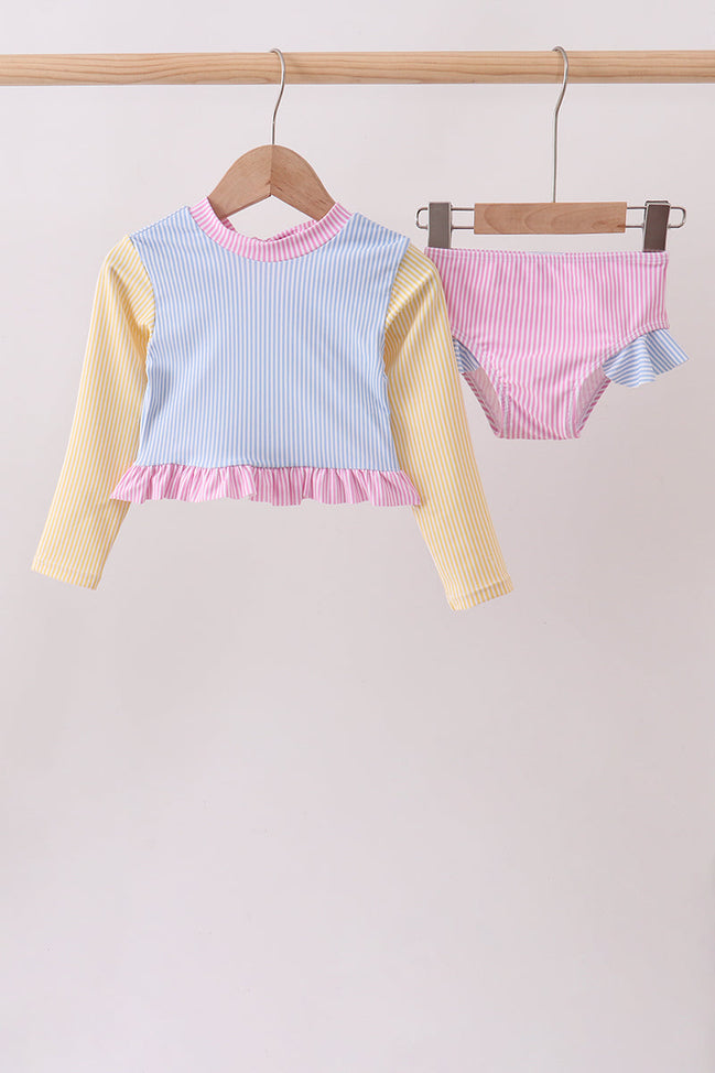 Blue stripe ruffle rashguard set