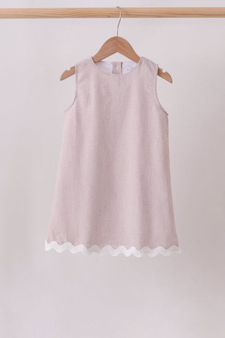 Khaki Seersucker Stripe Scalloped Dress