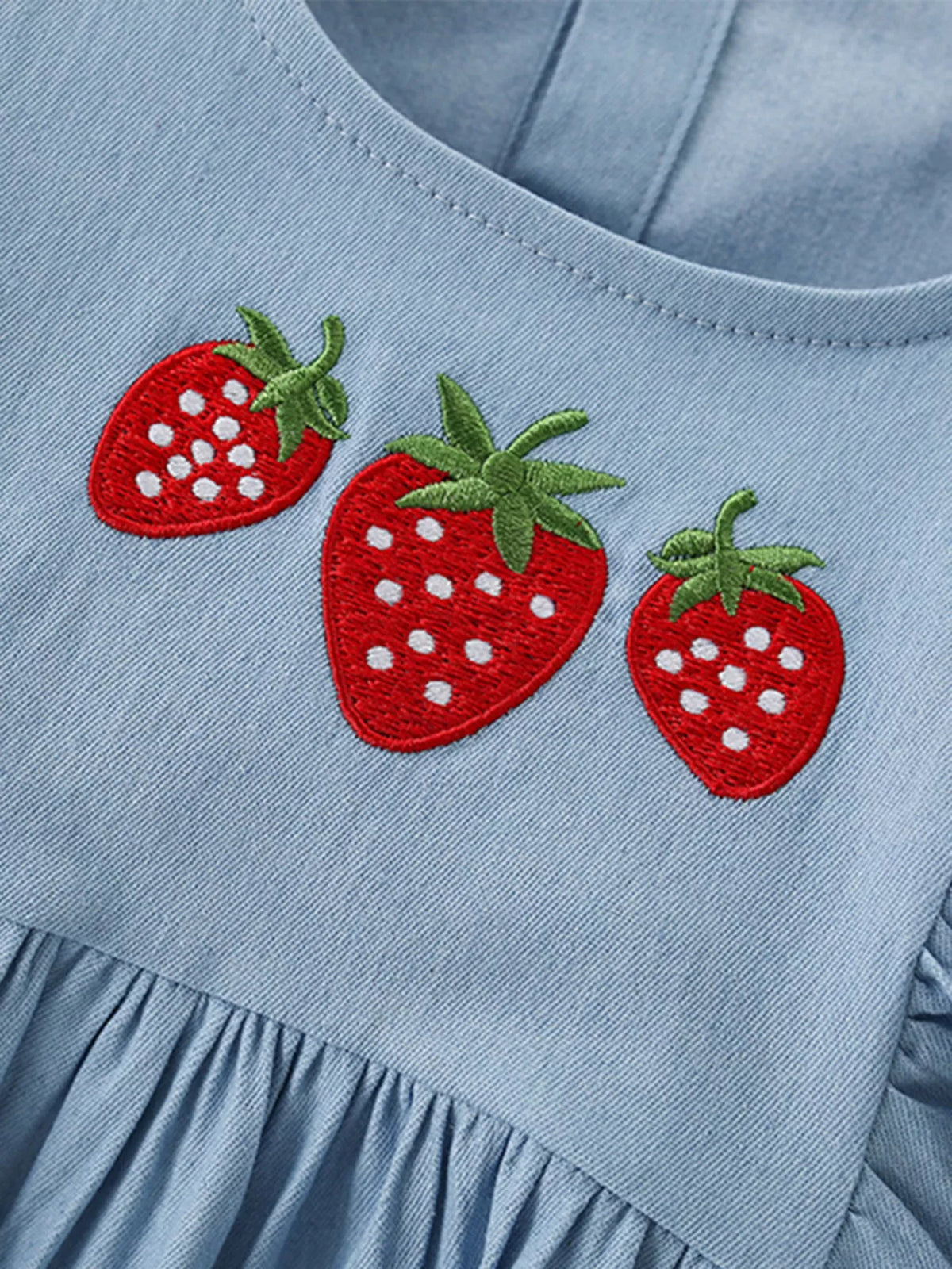 Children's Strawberry Embroidered Puff Sleeve Denim Dress - Little Janey Shop