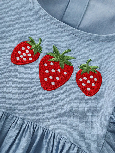 Children's Strawberry Embroidered Puff Sleeve Denim Dress - Little Janey Shop