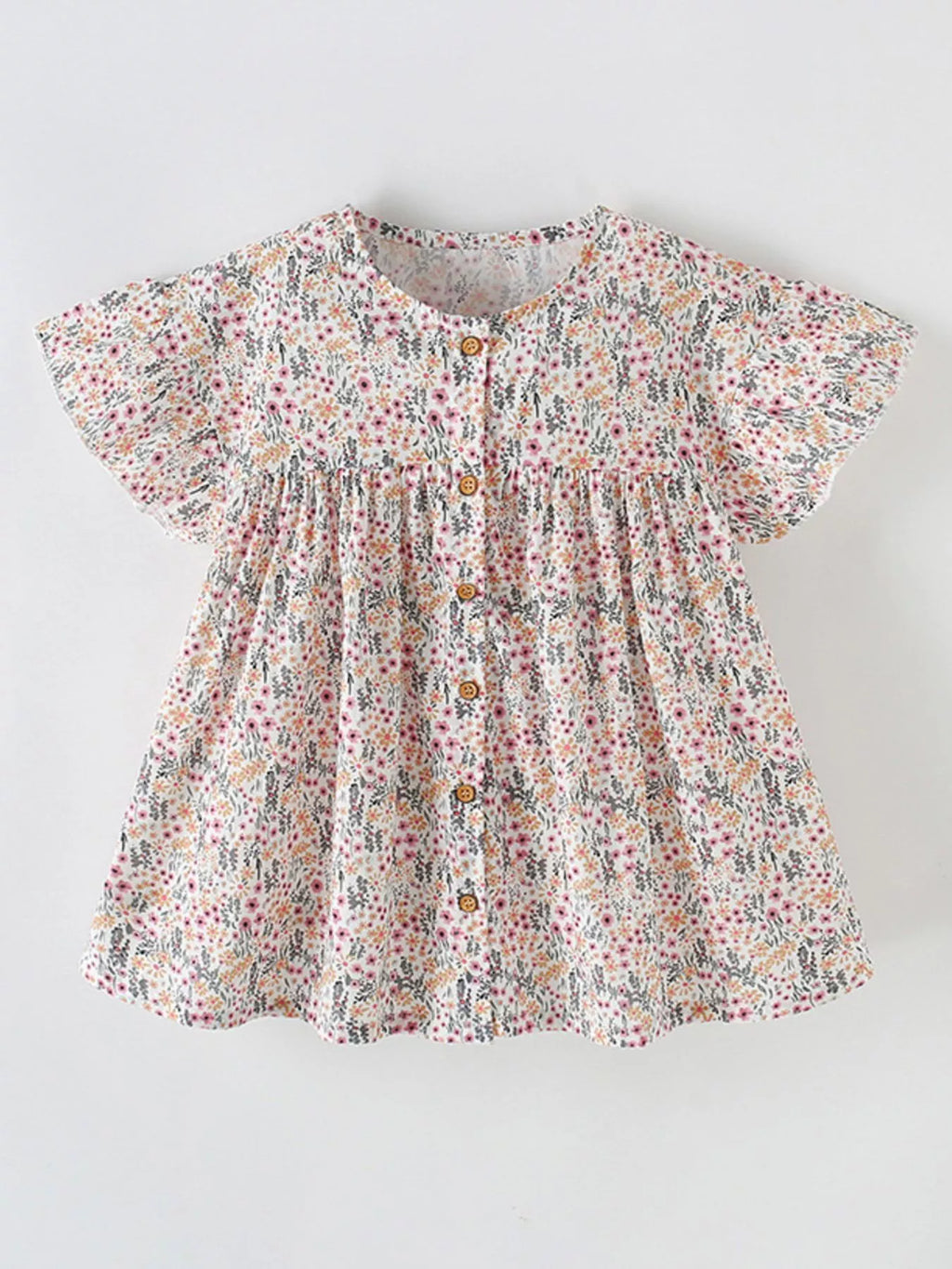 Children's Floral Print Button - Front Ruffle Sleeve Dress - Little Janey Shop