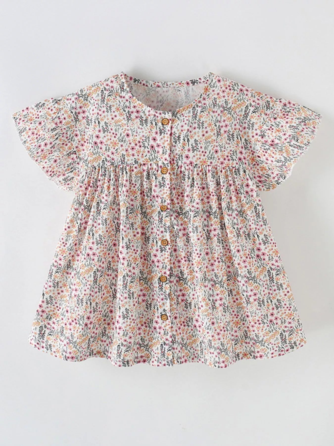 Children's Floral Print Button - Front Ruffle Sleeve Dress - Little Janey Shop