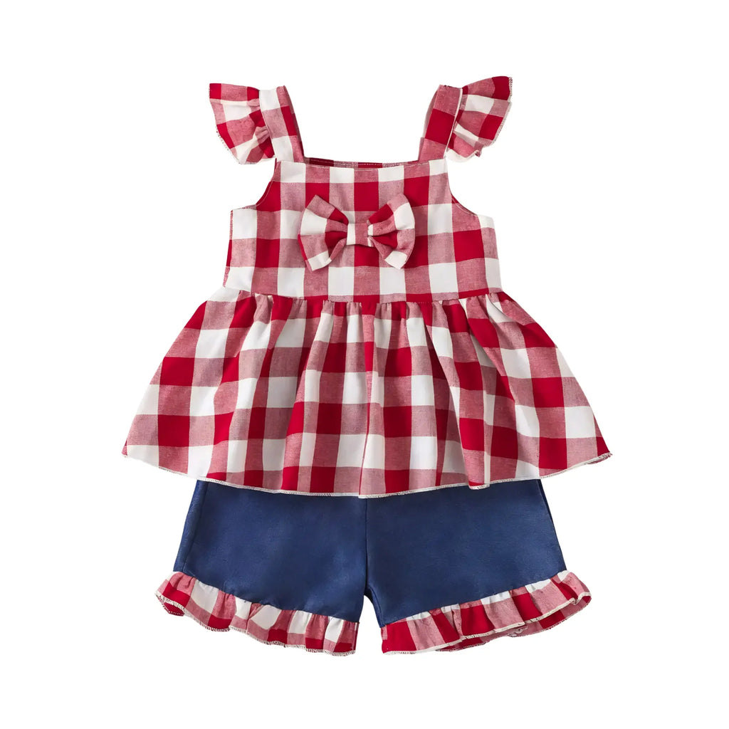 Children's Gingham Bowknot Ruffle Trim Top & Shorts Set - Little Janey Shop