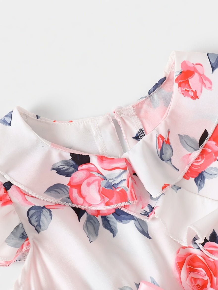 Children's Floral Print Ruffle Trim Bow Pleated Dress - Little Janey Shop