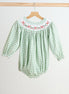 Green bow tie hand smocked gingham girl bubble