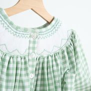 Green bow tie hand smocked gingham girl bubble