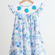 Blue rose hand smocked print dress