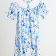 Blue rose hand smocked print girl romper