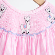 Pink alpaca hand smocked gingham girl romper