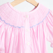 Pink alpaca hand smocked gingham girl romper