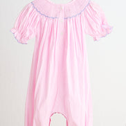 Pink alpaca hand smocked gingham girl romper