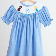 Blue snow princess hand smocked gingham dress