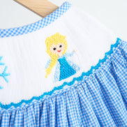 Blue snow princess hand smocked gingham dress