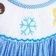Blue snow princess hand smocked gingham dress