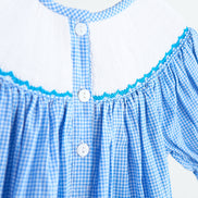 Blue snow princess hand smocked gingham dress