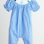 Blue snow princess hand smocked gingham girl romper