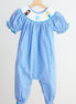 Blue snow princess hand smocked gingham girl romper