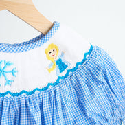 Blue snow princess hand smocked gingham girl romper