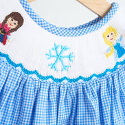 Blue snow princess hand smocked gingham girl romper