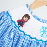 Blue snow princess hand smocked gingham girl romper