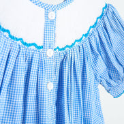 Blue snow princess hand smocked gingham girl romper