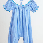 Blue snow princess hand smocked gingham girl romper