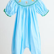 Blue fairy hand smocked gingham girl romper