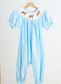 Blue puppy hand smocked girl romper