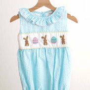 Blue easter bunny egg french knot girl gingham seersucker bubble