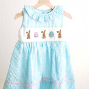 Blue easter bunny egg french knot girl gingham seersucker dress