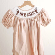 Khaki he is risen hand-smocked girl bubble