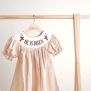 Khaki he is risen hand-smocked girl dress