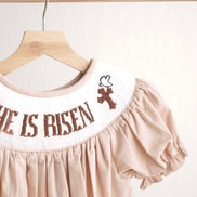 Khaki he is risen hand-smocked girl dress