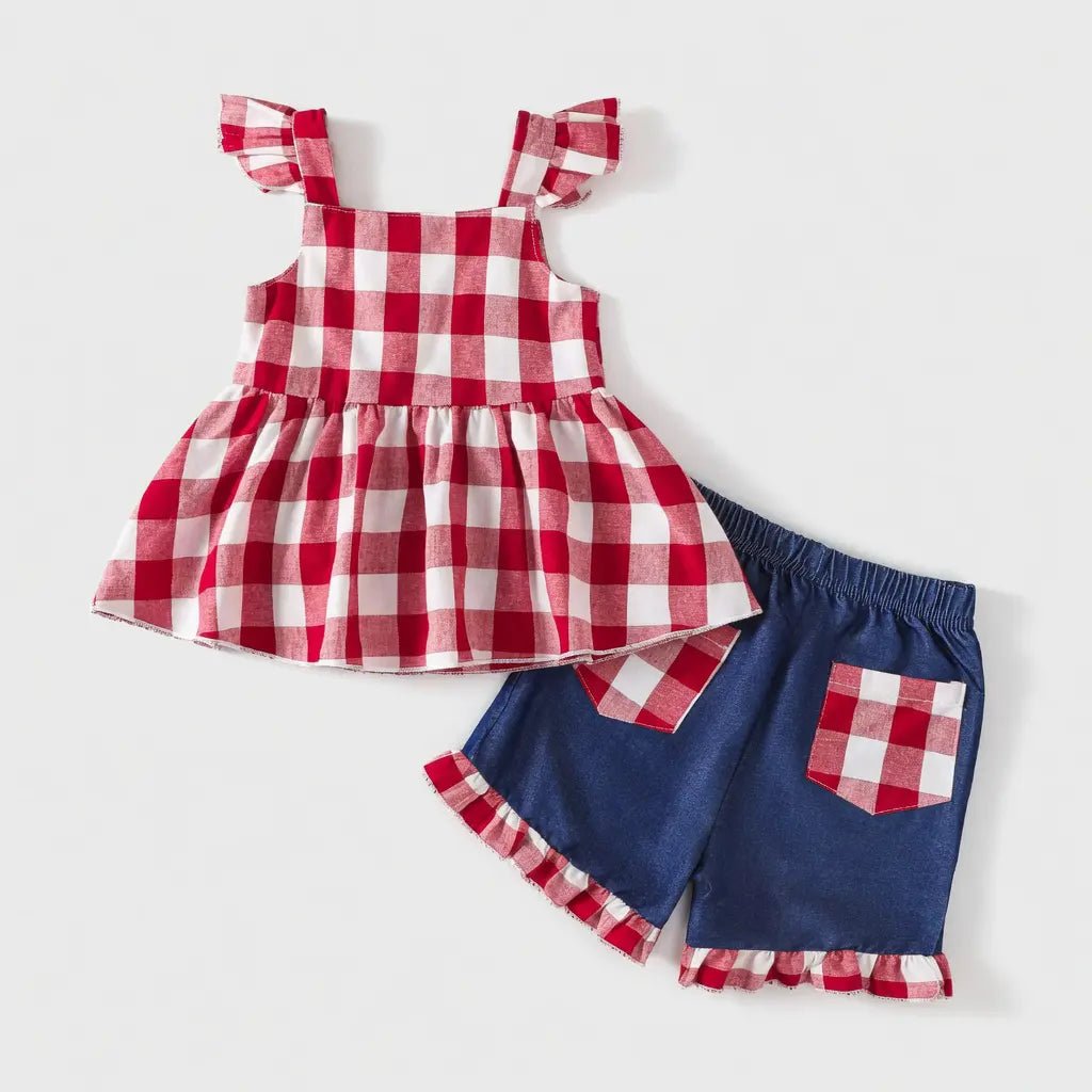 Children's Gingham Bowknot Ruffle Trim Top & Shorts Set - Little Janey Shop