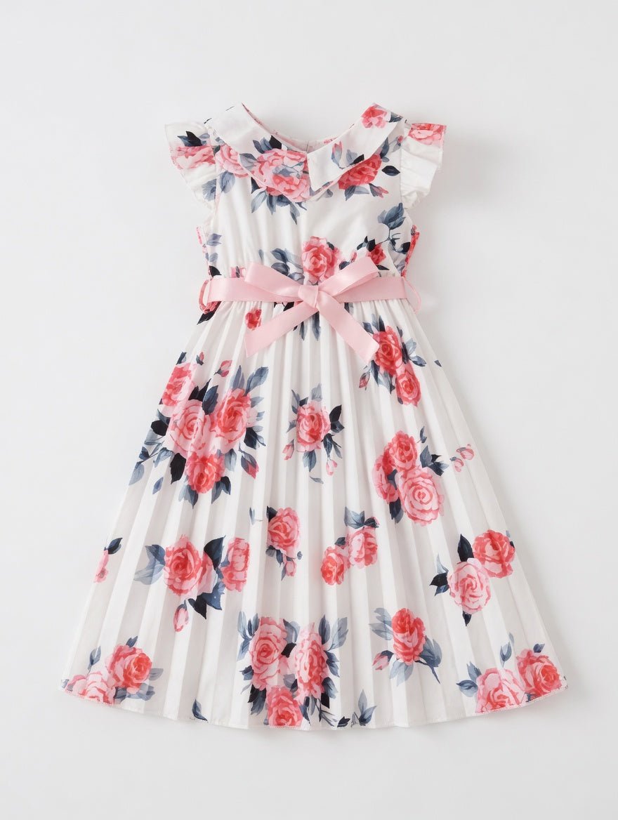 Children's Floral Print Ruffle Trim Bow Pleated Dress - Little Janey Shop