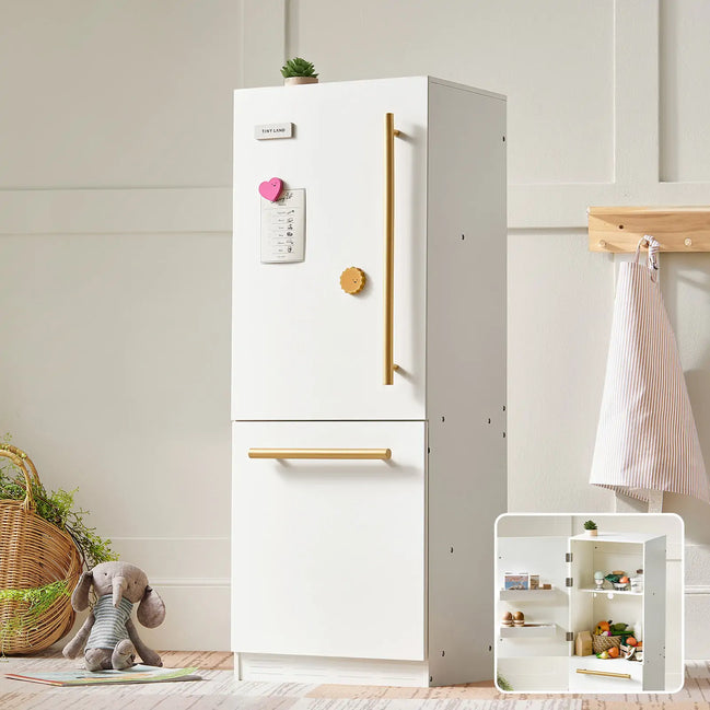 Tiny Land® Play Kitchen Accessories – Play Kitchen Fridge: Wooden Cabinet Refrigerator for Kids