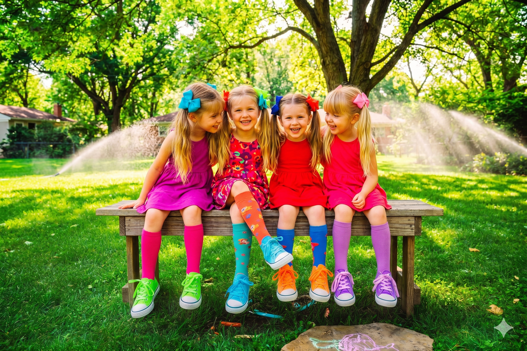 Four young girls sitting on a wooden bench in a park with colorful clothing and shoes.  Little Janey Shop