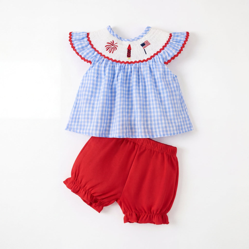 Children's Patriotic Embroidered Gingham Top and Shorts Set - Little Janey Shop