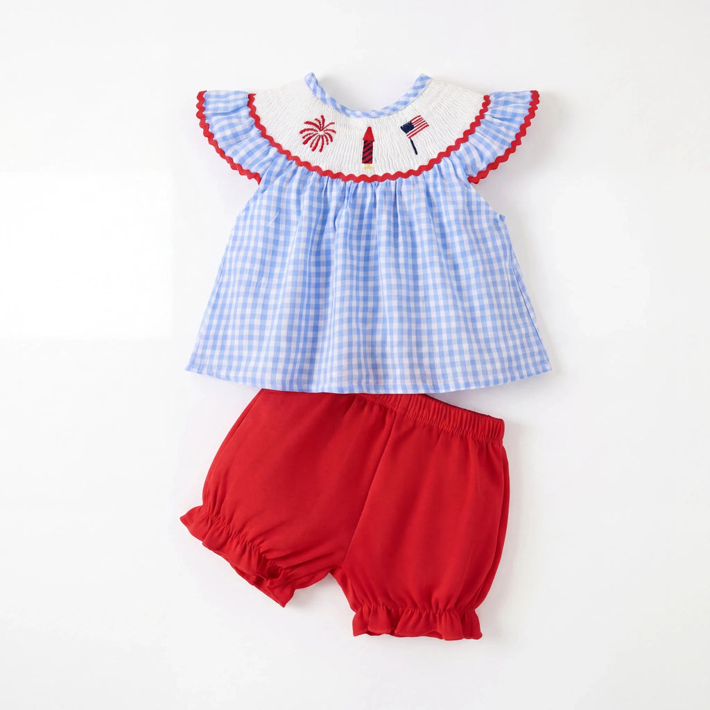 Children's Patriotic Embroidered Gingham Top and Shorts Set - Little Janey Shop