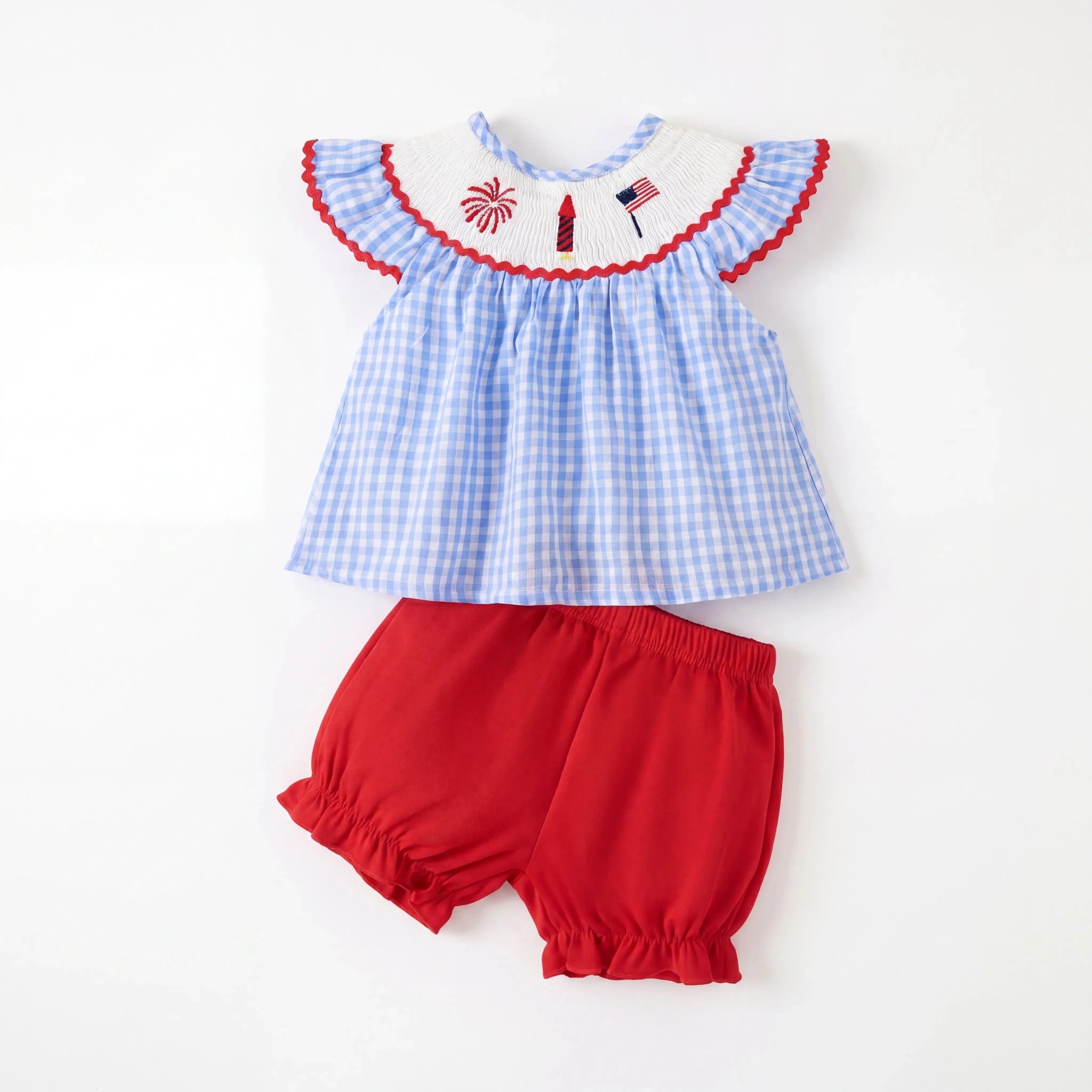 Children's Patriotic Embroidered Gingham Top and Shorts Set - Little Janey Shop