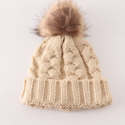 Beige pompom  cable beanie hat