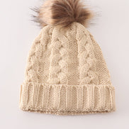 Beige pompom  cable beanie hat
