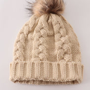 Beige pompom  cable beanie hat