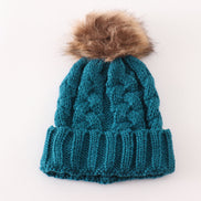 Teal pompom cable beanie hat