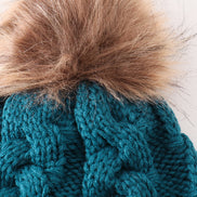 Teal pompom cable beanie hat