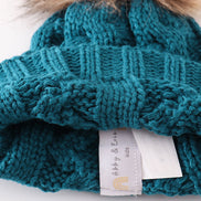 Teal pompom cable beanie hat
