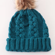 Teal pompom cable beanie hat