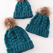 Teal pompom cable beanie hat