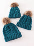 Teal pompom cable beanie hat